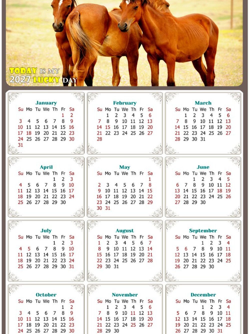 2027 Magnetic Calendar - Today is my Lucky Day - Horses Themed 014 (5.25 x 8)